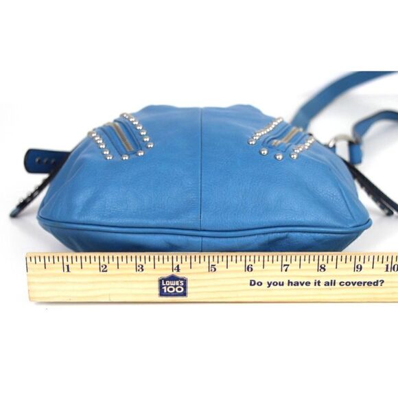 B.Makowsky BLUE GENUINE LEATHER STUDDED ZIP POCKET CROSSBODY SHOULDER BAG PURSE - Picture 14 of 16
